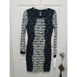 NWT Three Pink Hearts Black Gray Lined Scoop Neck Long Sleeve Pencil Cut Sz S